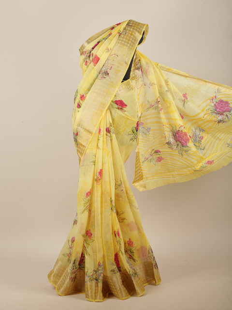 

Pothys Yellow & Red Cotton Blend Floral Printed Saree