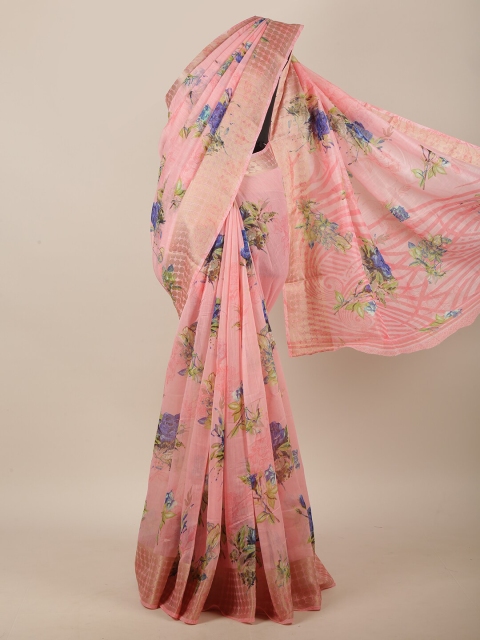 

Pothys Peach-Coloured & Blue Floral Saree