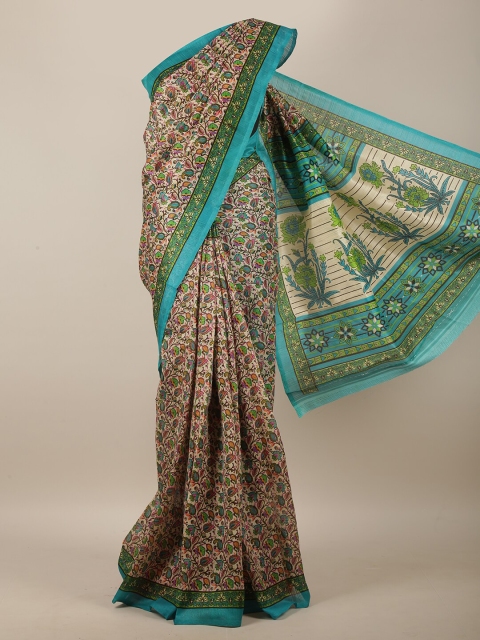 

Pothys Cream-Coloured & Turquoise Blue Kalamkari Saree