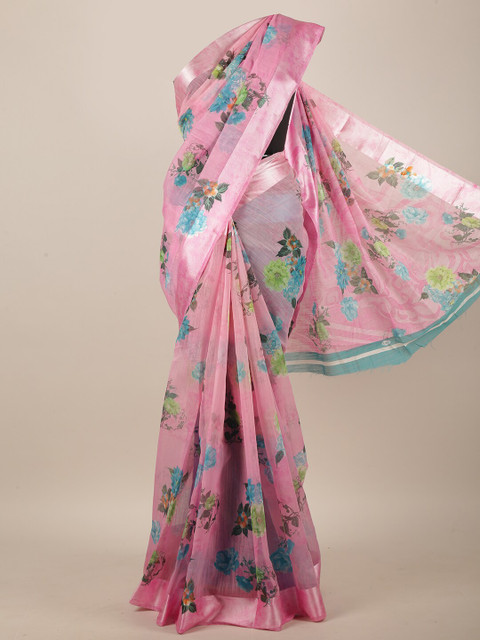 

Pothys Pink & Turquoise Blue Floral Saree