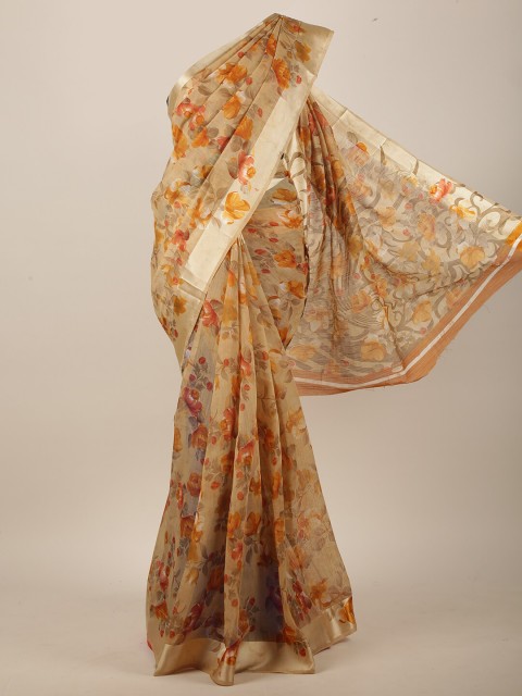 

Pothys Cream-Coloured & Orange Floral Saree