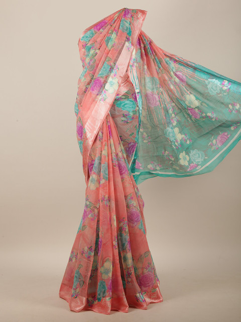 

Pothys Peach-Coloured & Turquoise Blue Floral Saree