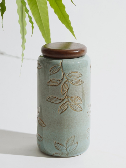 

Fabindia Green Ceramic Wood Zarqa Debossing Mallard Large Jar 1900 ml
