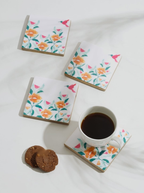 

Fabindia Set Of 4 White & Pink Printed Wooden Coasters