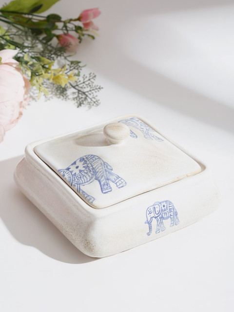 

Fabindia White & Blue Ceramic Printed Box with Lid