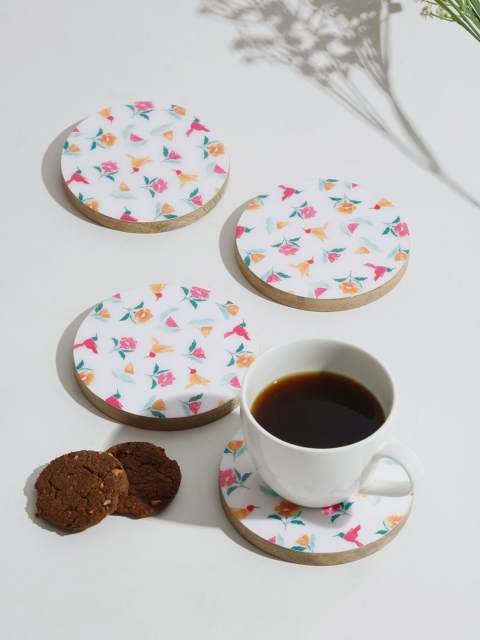 

Fabindia Set Of 4 White & Beige Floral Enamelled Wooden Coasters