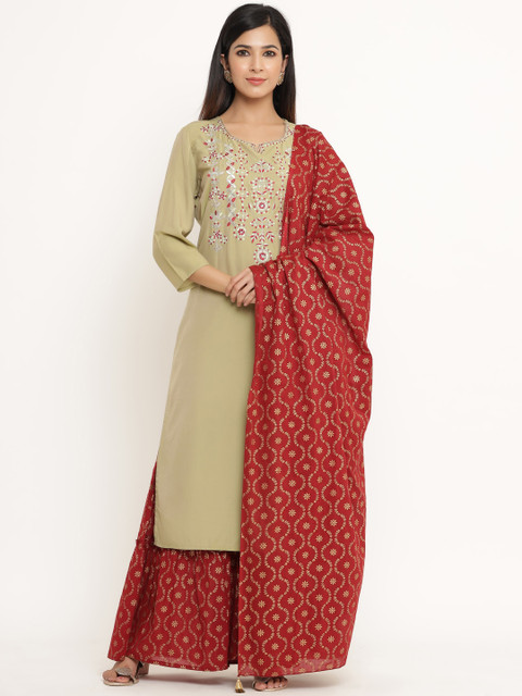 

DIVYANK Women Green Ethnic Motifs Yoke Design Regular Kurta with Palazzos & With Dupatta