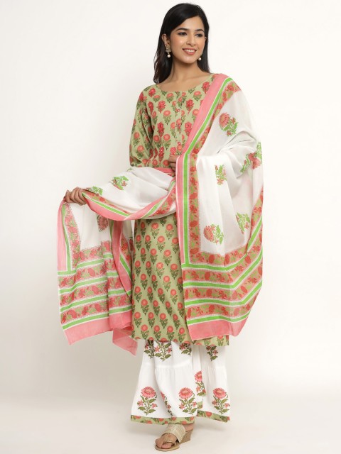 

DIVYANK Women Olive Green Floral Printed Regular Mirror Work Kurta with Sharara & With Dupatta