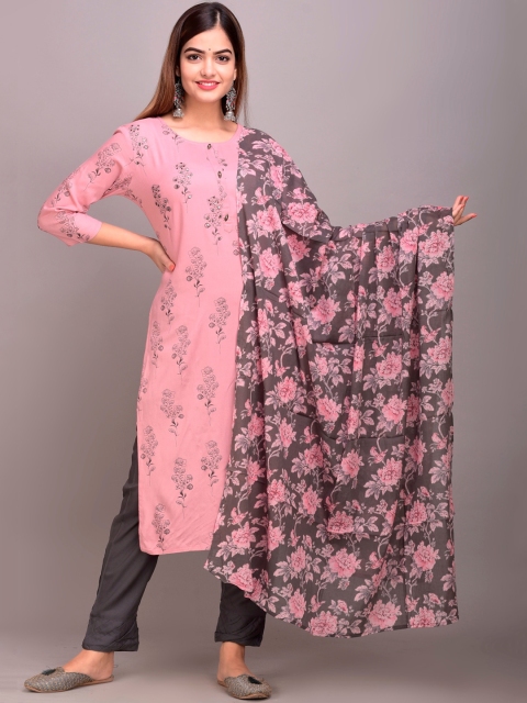 

DIVYANK Women Pink Floral Printed Regular Kurta with Trousers & With Dupatta