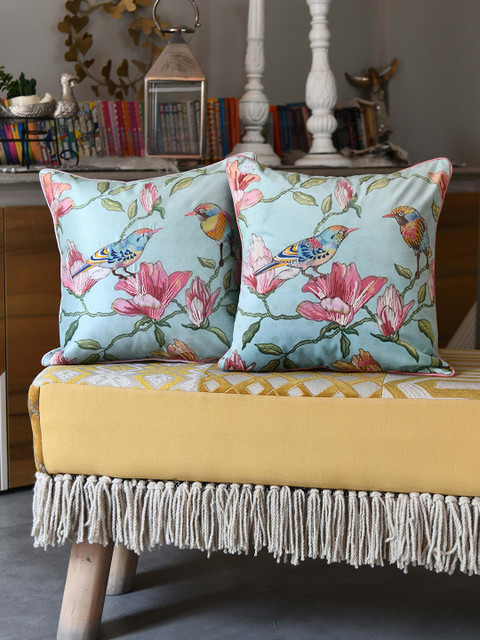 

AMOROSA Turquoise Blue & Green Set of 2 Floral Velvet Square Cushion Covers