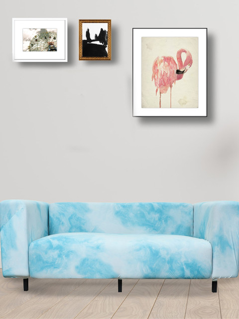 

HOUSE OF QUIRK White & Blue Printed Triple Seater Stretchable Non-Slip Sofa Slipcover