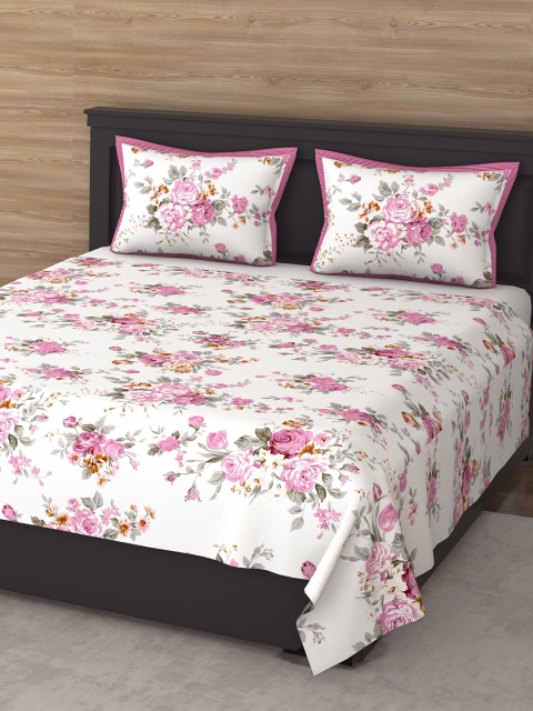 

Varde White & Pink Floral 210 TC King Cotton Bedsheet with 2 Pillow Covers
