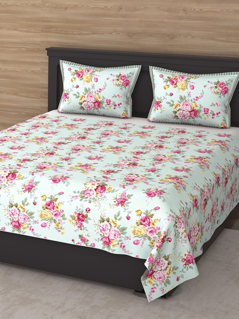 

Varde Blue & Pink Floral 210 TC King Cotton Bedsheet with 2 Pillow Covers