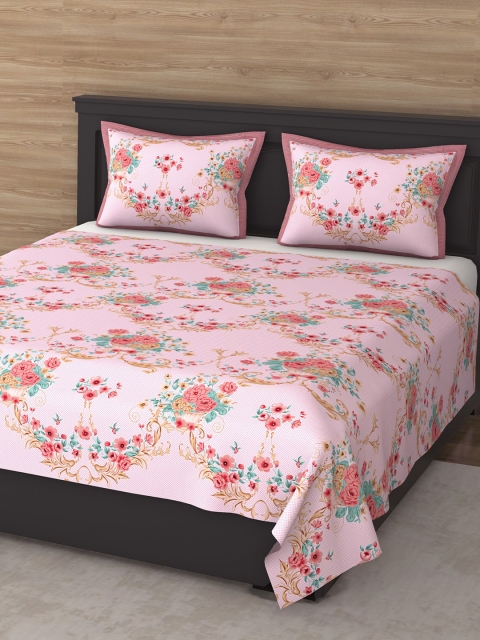 

Varde Pink & Blue Floral 210 TC King Cotton Bedsheet with 2 Pillow Covers
