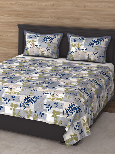

Varde Grey & White Floral 210 TC King Cotton Bedsheet with 2 Pillow Covers