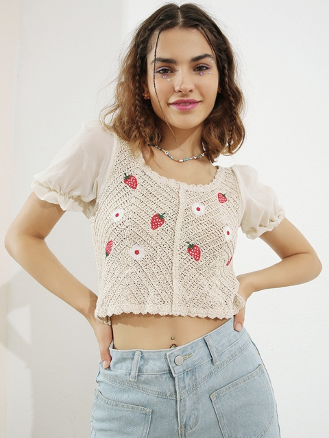 

URBANIC White Pure Cotton Self Design Regular Crop Top