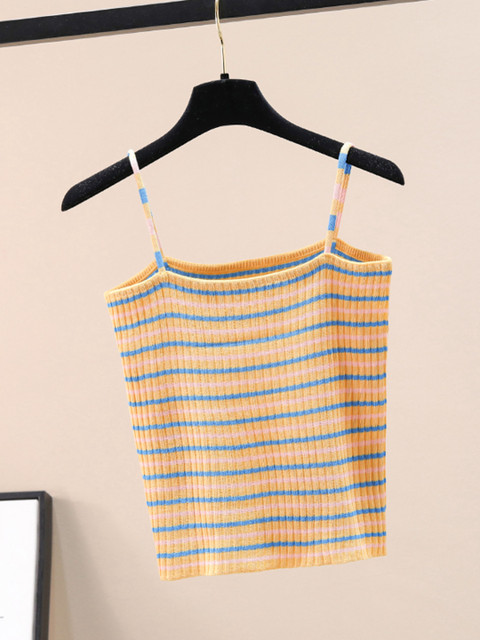 

URBANIC Yellow & Blue Striped Fitted Crop Top
