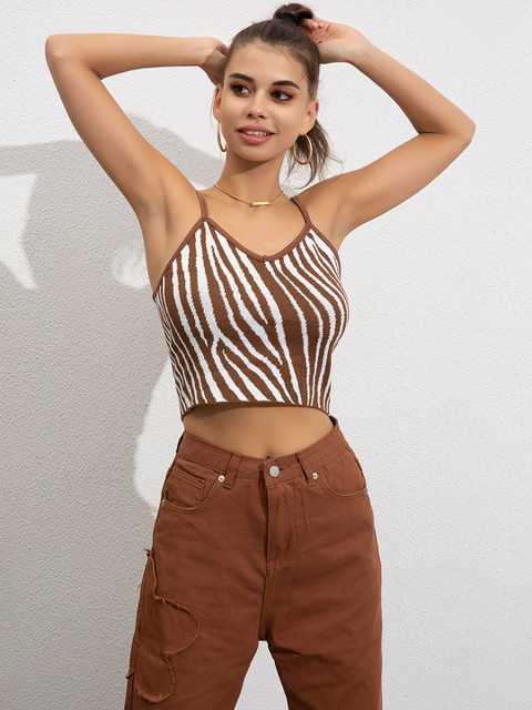 

URBANIC Brown & White Striped Tank Crop Top