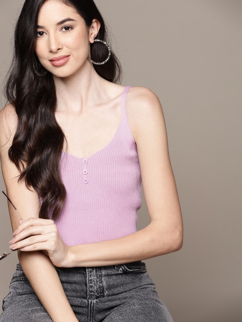 

URBANIC Women Lavender Ribbed Regular Crop Fitted Top