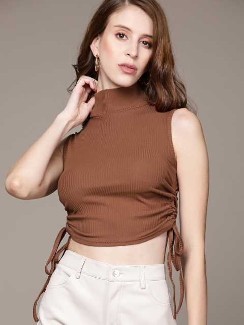

URBANIC Coffee Brown Ribbed Pure Cotton Ruched Crop Top