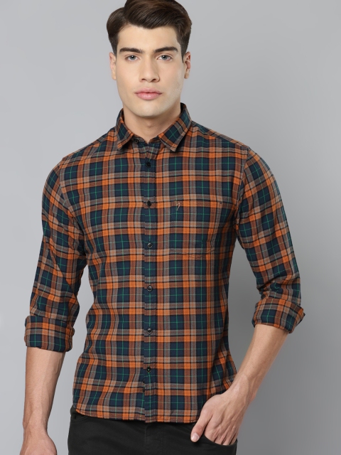 

Indian Terrain Men Rust Brown & Navy Blue Pure Cotton Gingham Checked Casual Shirt
