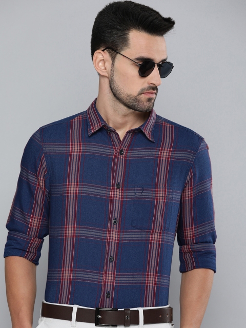 

Indian Terrain Men Blue & Red Slim Fit Checked Pure Cotton Formal Shirt