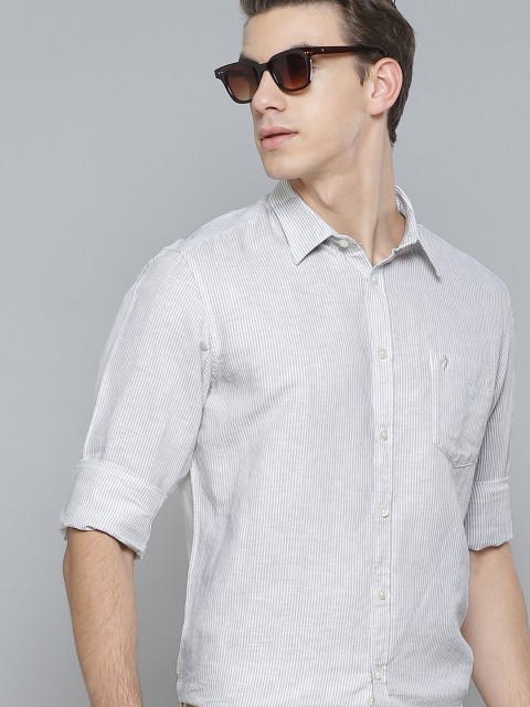 

Indian Terrain Men Grey & White Slim Fit Striped Pure Linen Casual Shirt