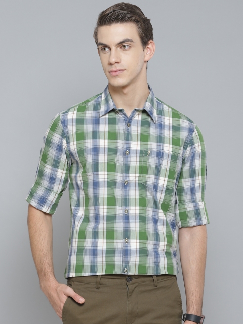 

Indian Terrain Men Olive Green & Blue Slim Fit Checked Pure Cotton Casual Shirt