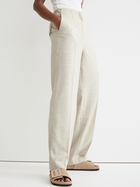 

H&M Women Beige Self-Design Crease-Leg Trousers