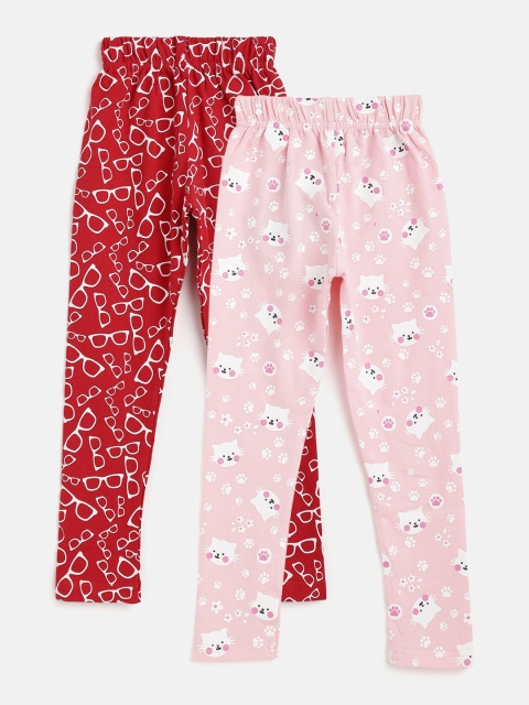 

Eteenz Girls Pack of 2 Printed Cotton Ankle Length Leggings, Red