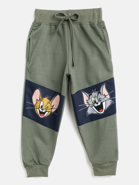 

Eteenz Boys Olive Green & Navy Blue Colourblocked Joggers with Tom & Jerry Print Detail