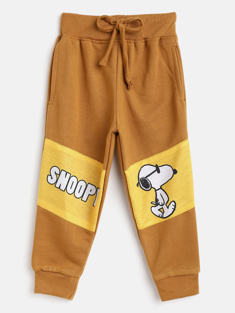 

Eteenz Boys Mustard Brown & Yellow Colourblocked Joggers with Snoopy Print Detail