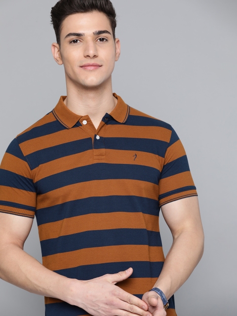 

Indian Terrain Men Brown & Navy Blue Striped Polo Collar T-shirt