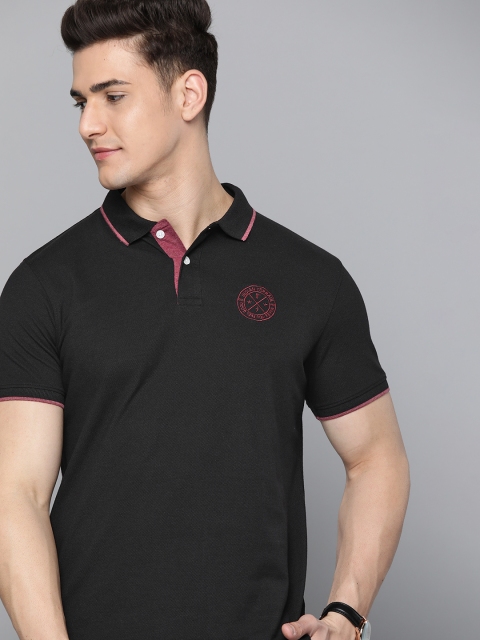 

Indian Terrain Men Black Polo Collar Applique T-shirt