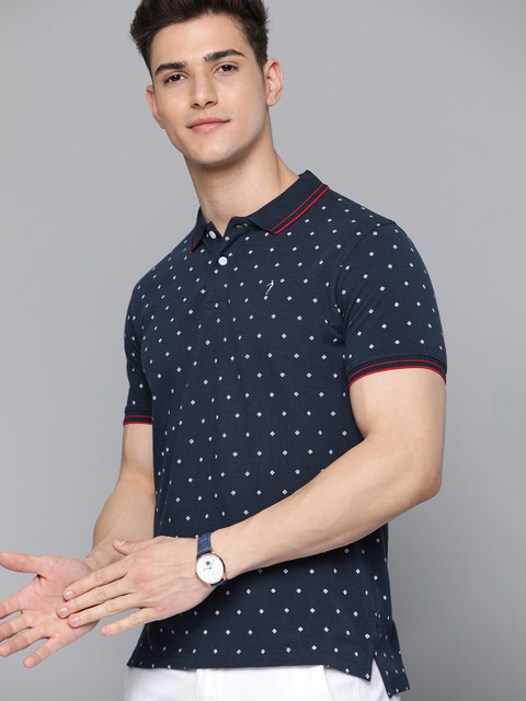 

Indian Terrain Men Navy Blue & White Printed Polo Collar T-shirt