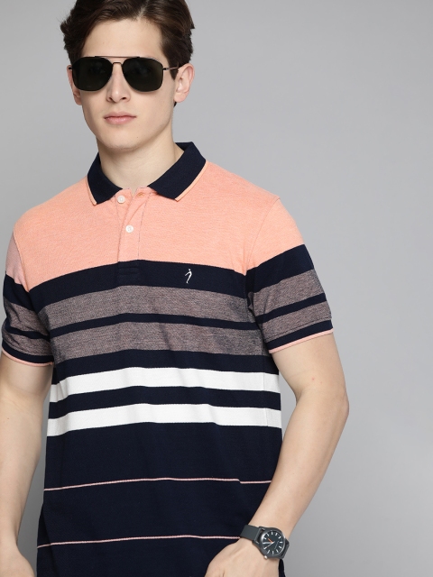 

Indian Terrain Men Navy Blue & Peach-Coloured Striped Polo Collar T-shirt