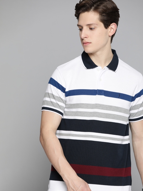 

Indian Terrain Men White & Navy Blue Striped Polo Collar T-shirt