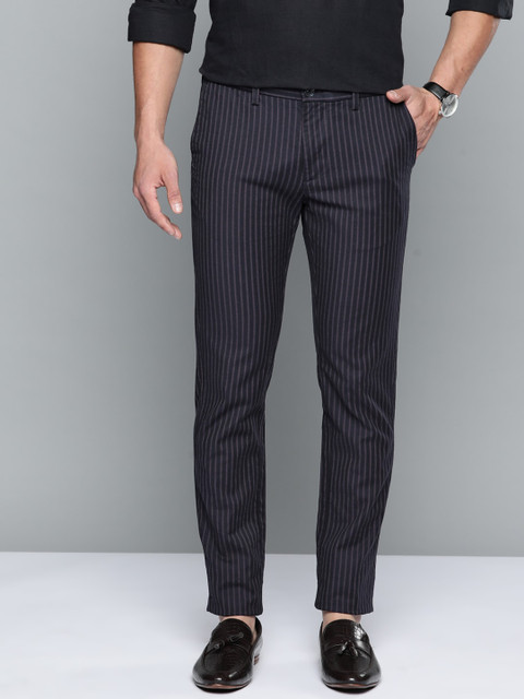 

Indian Terrain Men Black Brooklyn Slim Fit Solid Regular Trousers, Blue