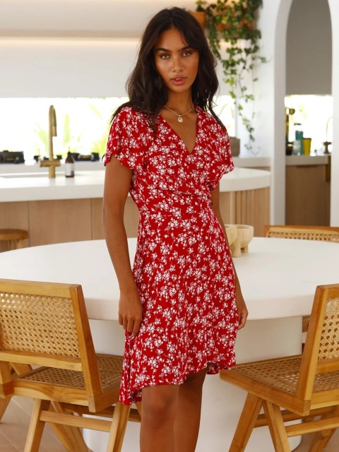 

URBANIC Women Red & White Floral Print Wrap Dress