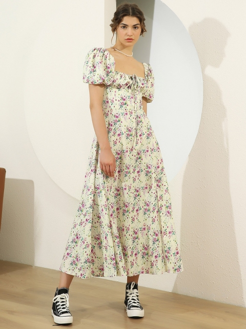 

URBANIC Yellow & Pink Floral Print Midi Fit & Flare Dress