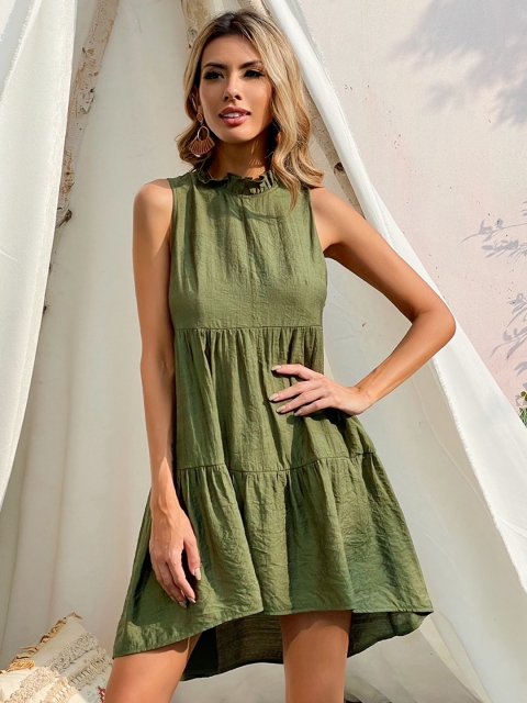 

URBANIC Olive Green Tiered Mini A-Line Dress