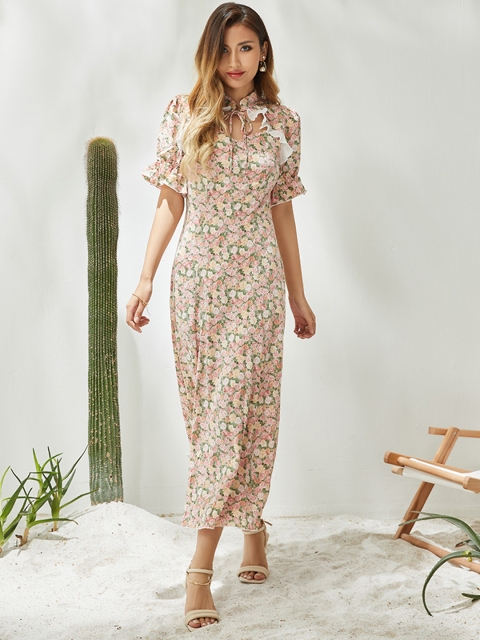 

URBANIC Pink & Off White Floral Tie-Up Neck Maxi Dress