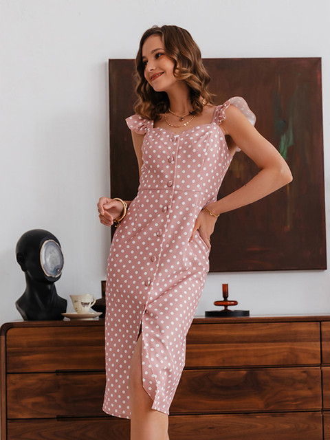 

URBANIC Peach-Coloured & White Polka Dot Print Midi Sheath Dress