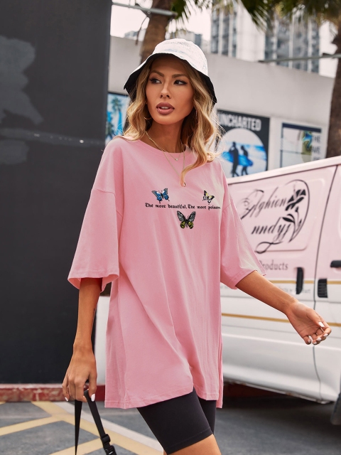 

URBANIC Women Pink Butterfly Print Cotton Relaxed Fit Drop-Shoulder Longline T-shirt