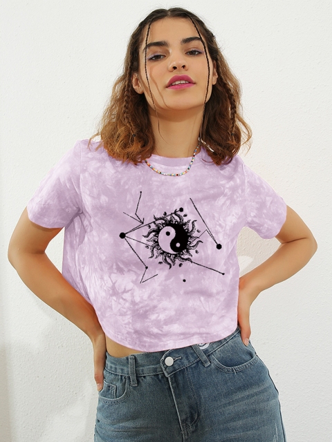 

URBANIC Women Purple & Black Printed Pure Cotton Crop T-shirt