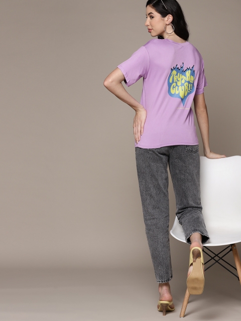 

URBANIC Women Purple Printed Drop-Shoulder Sleeves T-shirt