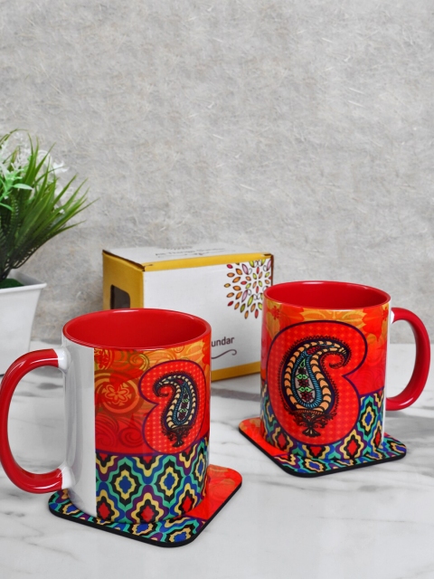 

All Things Sundar Set Of 2 Red & White Ethnic Motifs Printed Ceramic Matte Mugs