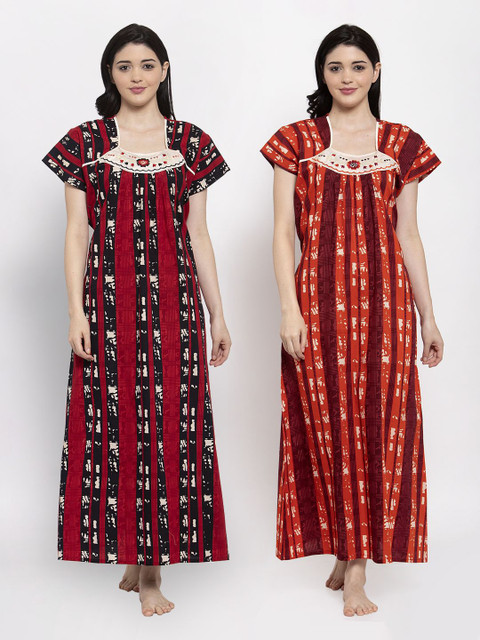 

Secret Wish Women Cotton Red & Orange Pack Of 2 Printed Maxi Nightdress
