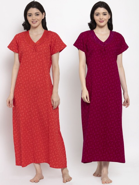 

Secret Wish Set-2 Women Red& Orange Printed Maxi Nightdress