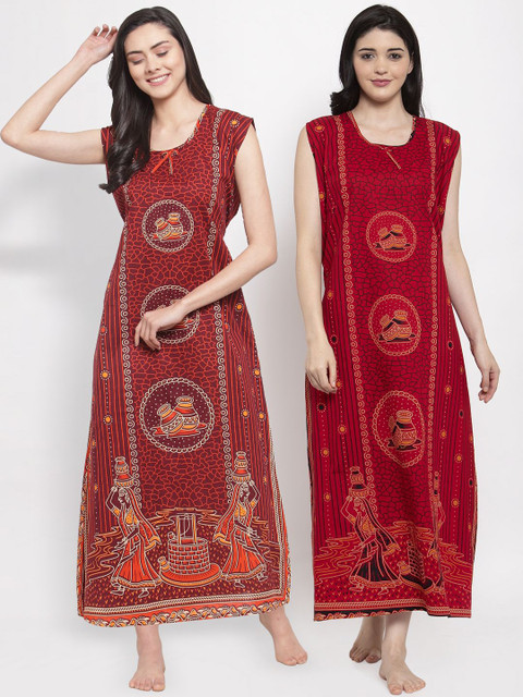

Secret Wish Pack Of 2 Printed Pure Cotton Maxi Nightdresses, Brown